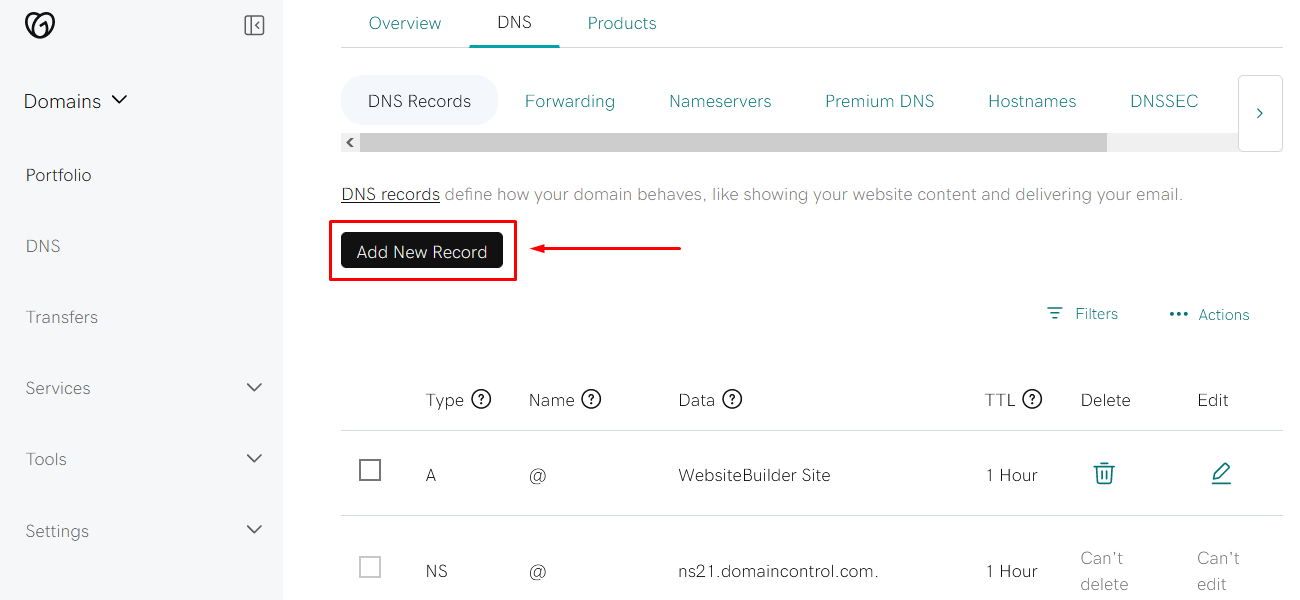 Screenshot of DNS management panel in GoDaddy admin panel