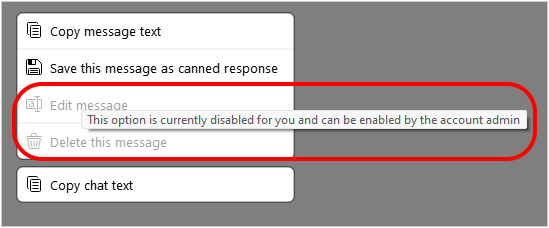 Screenshot of a message context menu with disabled editing and deleting options
