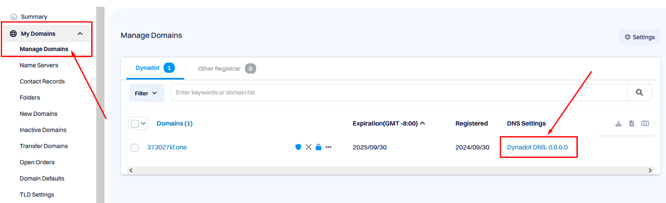 Screenshot of Dynadot admin panel, Domains / Manage Domains section