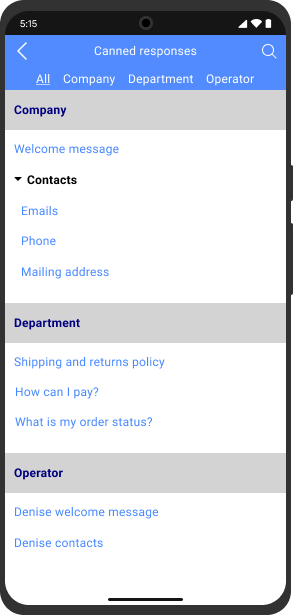 Create a set of predefined answers and use them to save typing time on mobiles Canned responses screen in Android chat app