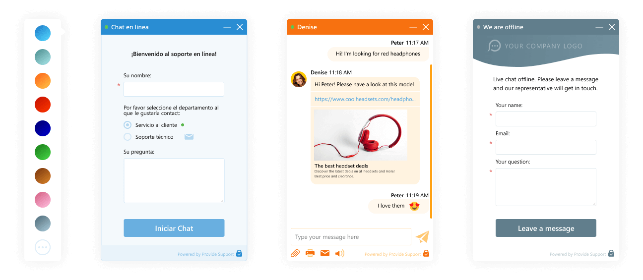 Choose your chat window color, language, setup messages and surveys Live chat window customizations